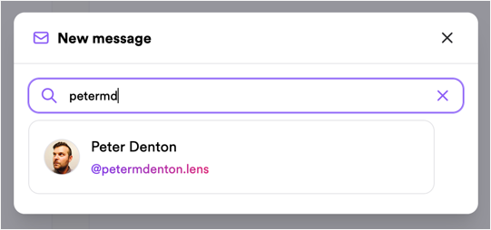 Screenshot showing a search for a Lens profile in the New message panel in Lenster
